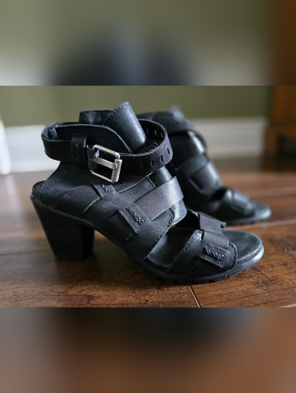 BOGO Sorel Black Leather Strappy Heeled Sandals